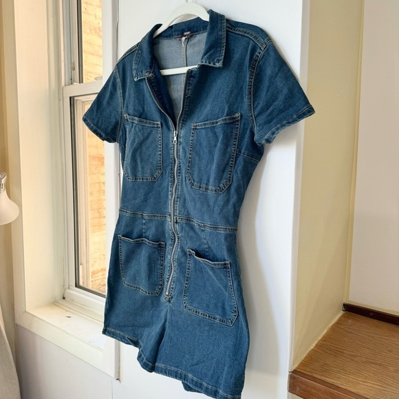 New Free People We The Free CRVY Lennox Shortsuit Denim Jumpsuit Blue - Picture 4 of 10
